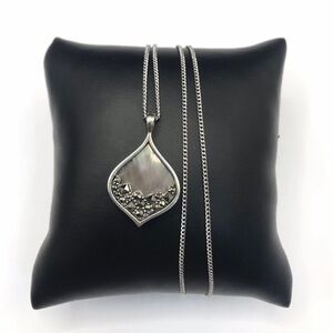 925 Sterling Silver Marcasite & Mother-of-Pearl Teardrop Pendant Necklace 18”